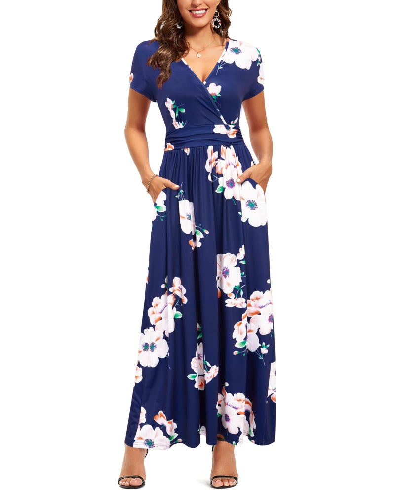 OUGES Women's V-Neck Pattern Pocket Maxi Long Dress(Floral-12,L) - Image 1